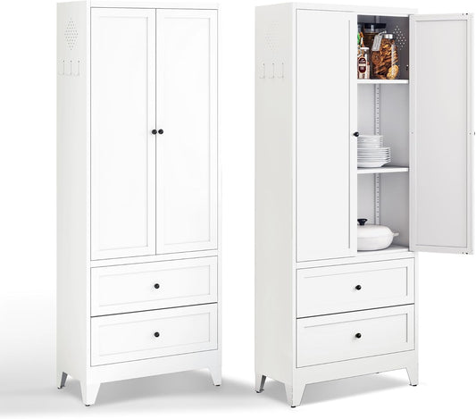 AQY Kitchen Pantry Cabinet,72" White Pantry Storage Cabinet with 2 Drawers,2 Adjustable Shelves and 2 Doors,Freestanding Cupboard,Metal Pantry Cabinets for Living Room Kitchen Assembly Required