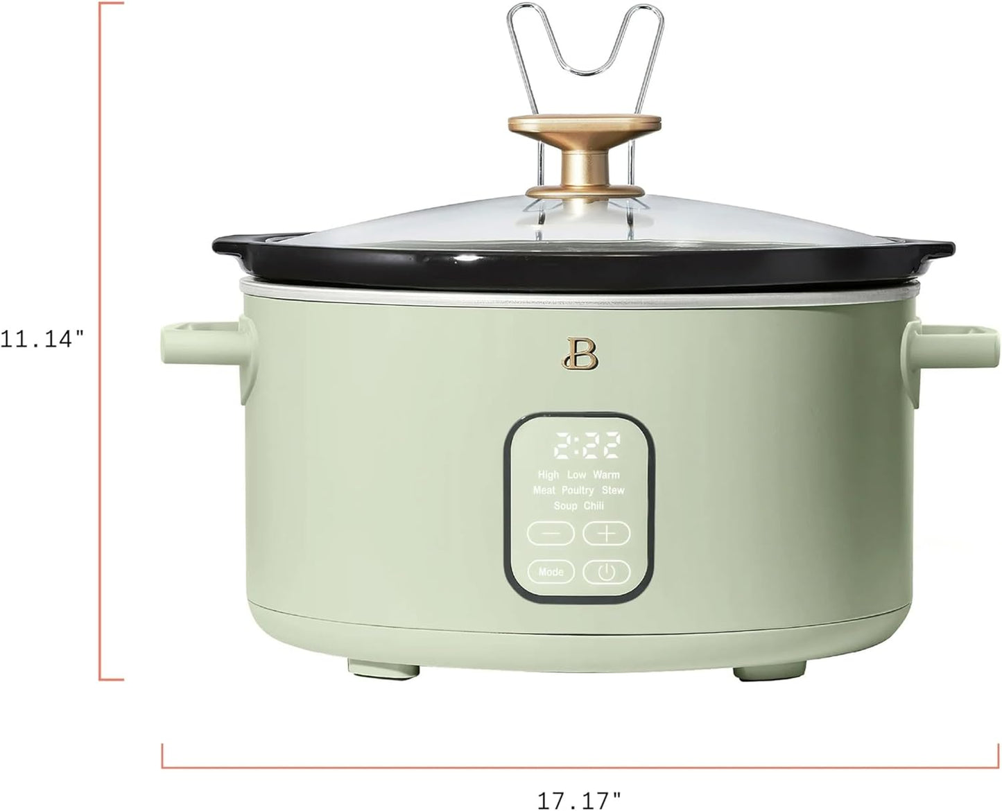 Beautiful 6 Qt Programmable Slow Cooker by Drew Barrymore - 5 Preset Cooking Functions, Digital Countdown Timer, Dishwasher-Safe Parts, and Cool-Touch Handles (Sage Green.)