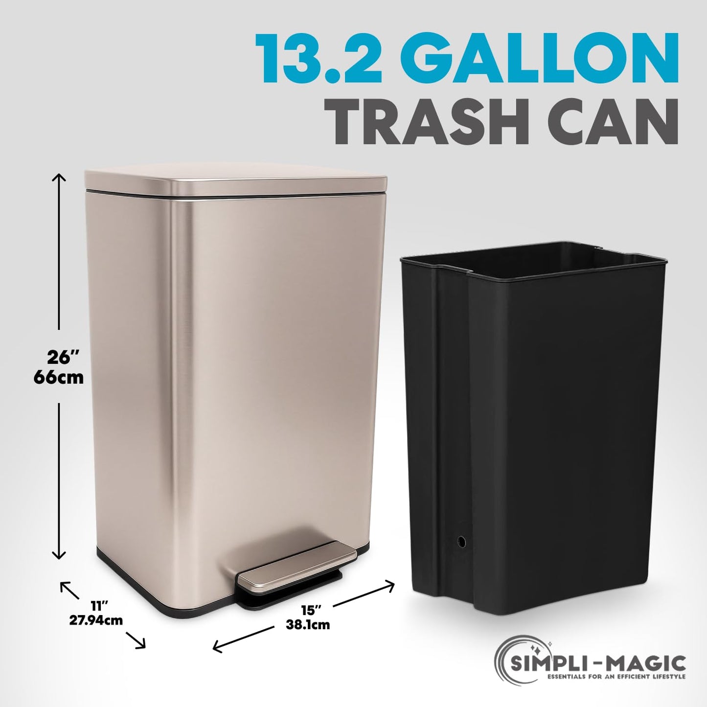 SIMPLI-MAGIC 13.2 Gallon (50L) Step Trash Can – Kitchen Garbage Can with Slow-Close Lid – Odor Control, Hands-Free, Easy to Clean, Brushed Stainless Steel (Rose Gold)