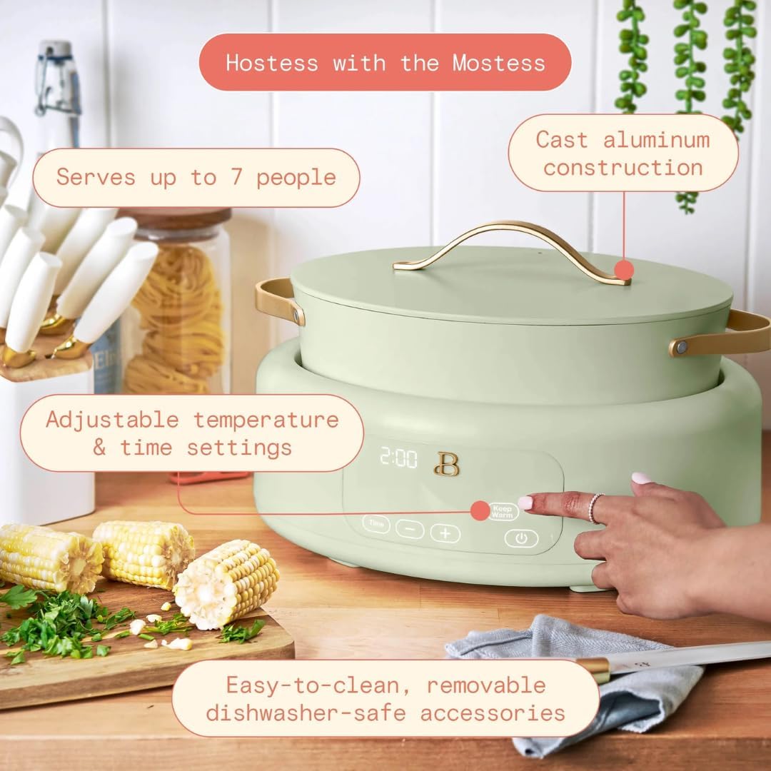 Beautiful 10-in-1 Electric Multi-Cooker by Drew Barrymore, 6-quart, digital display, 10 cooking functions, non-stick pot, easy one-touch control (Sage Green)