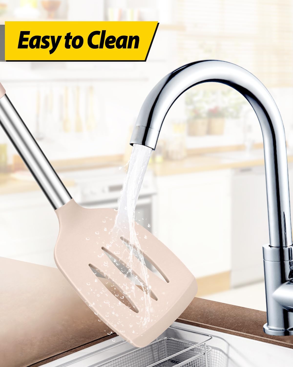 Pack of 4 Silicone Cooking Utensils Set, Non Stick Large Solid Spatulas, Heat Resistant Stainless Steel Khaki Slotted Spoons, Ideal BPA Free Kitchen Turners for Frying, Mixing,Serving,Draining,Turning