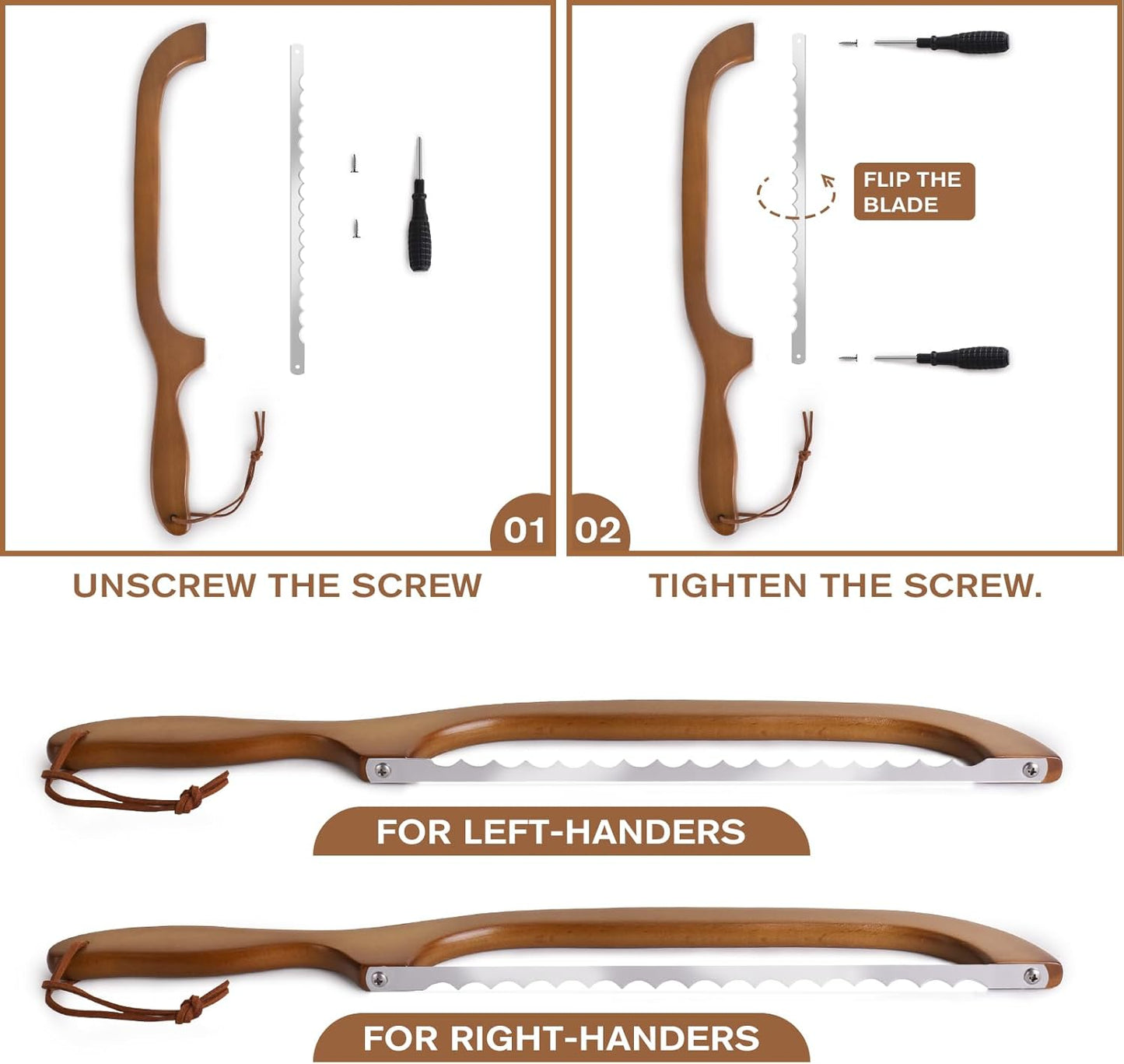 Woodever Sourdough Bread Knife for Both Right and Left Handed Use, 16" Bread Slicer for Homemade Bread, Premium Stainless Steel Serrated Saw Bread Cutter for Bagels, Baguettes (BROWN)