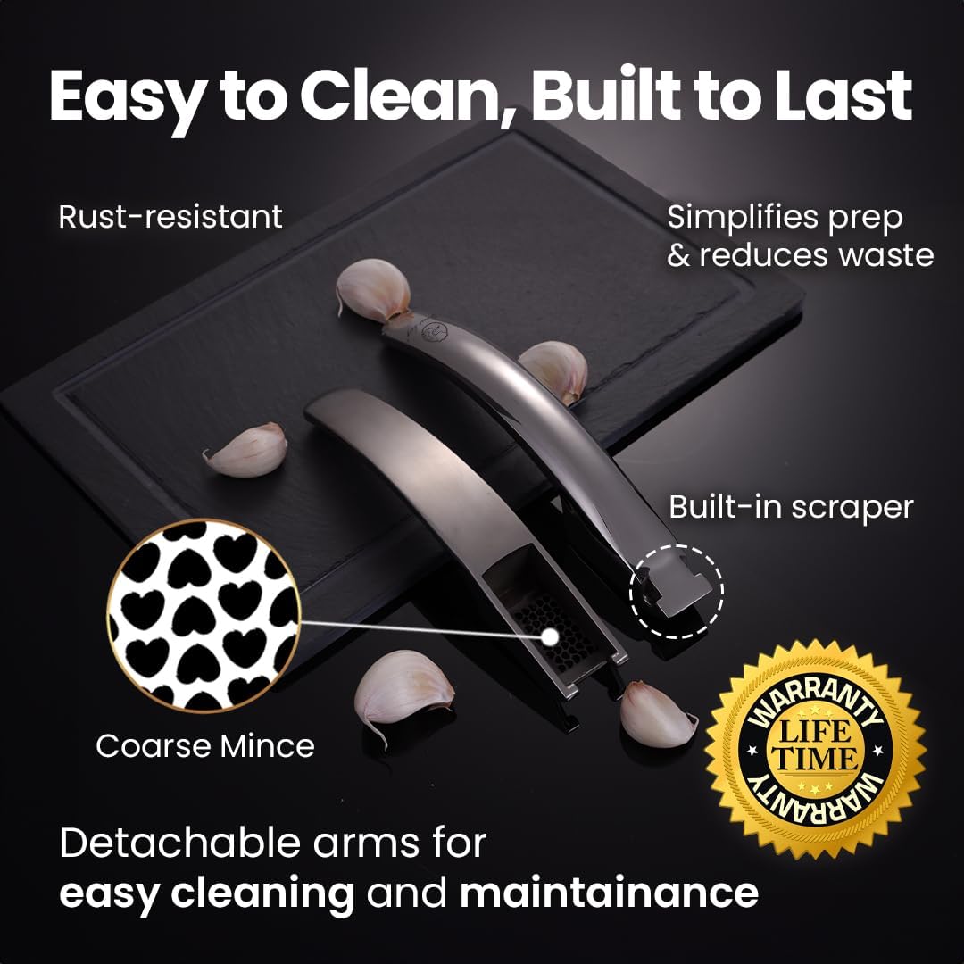 No Peeling Required Garlic Press Stainless Steel with Detachable Handle for Coarse Mincing - Premium Garlic Mincer Tool, Rust-Proof, Easy to Clean, Dishwasher Safe Garlic Crusher with 5-Year Warranty