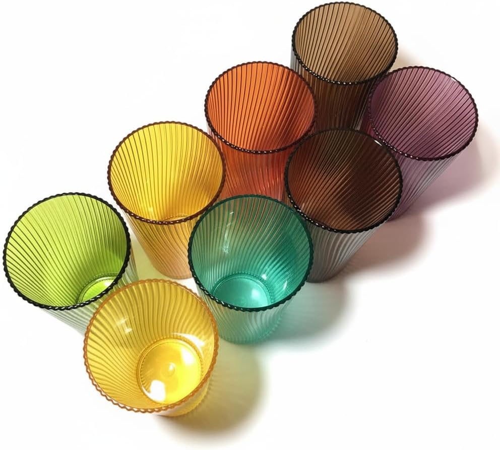 8-Piece Twill Plastic Tumbler Set, 19oz Stackable Drinking Glasses, BPA-Free & Food Grade, Ribbed Design, Top-Rack Dishwasher Safe, Durable Cups for Patio, Party, Gift and Everyday Use