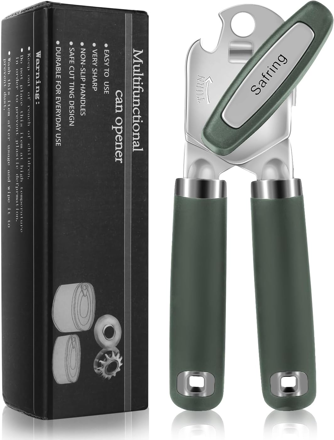 Can Opener Manual, Heavy Duty Handheld Strong Can Opener with Soft Touch Handle, Sharp Blade Smooth Edge, Can Openers with Multifunctional Bottle Opener, Hunter Green