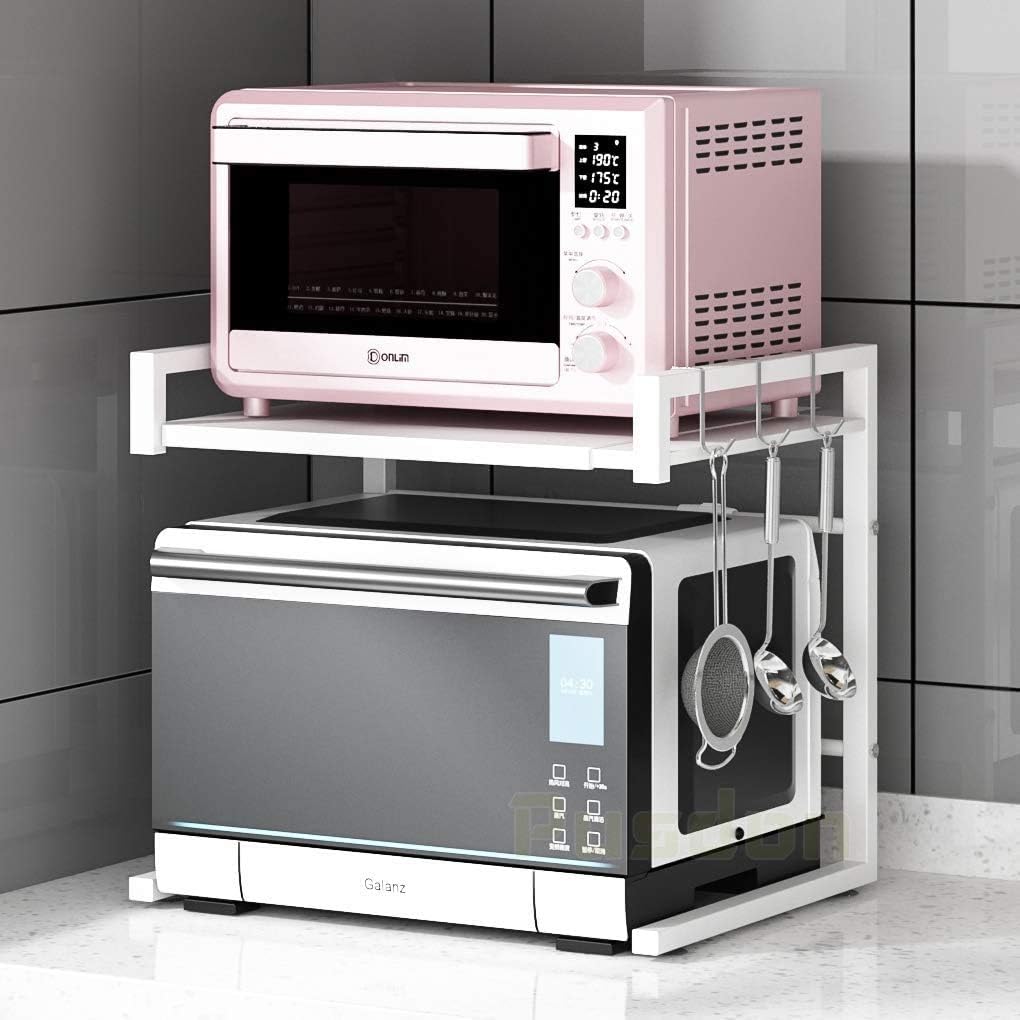 PUSDON Adjustable Carbon Steel Microwave Oven Rack, 2-Tier with 3 Hooks, 55lbs Weight Capacity, White