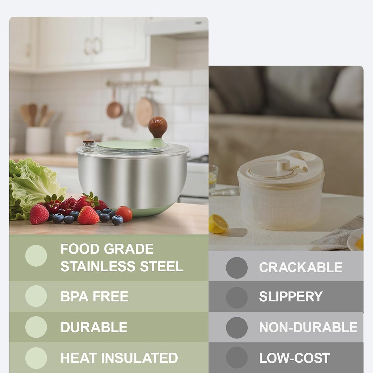 5.3Qt Stainless Steel Salad Spinner, Salad Spinner Stainless Steel With Stop Button & Drain Hole, Non-Slip Base, Vegetable Spinner Dryer, Dishwasher Safe For Kitchen