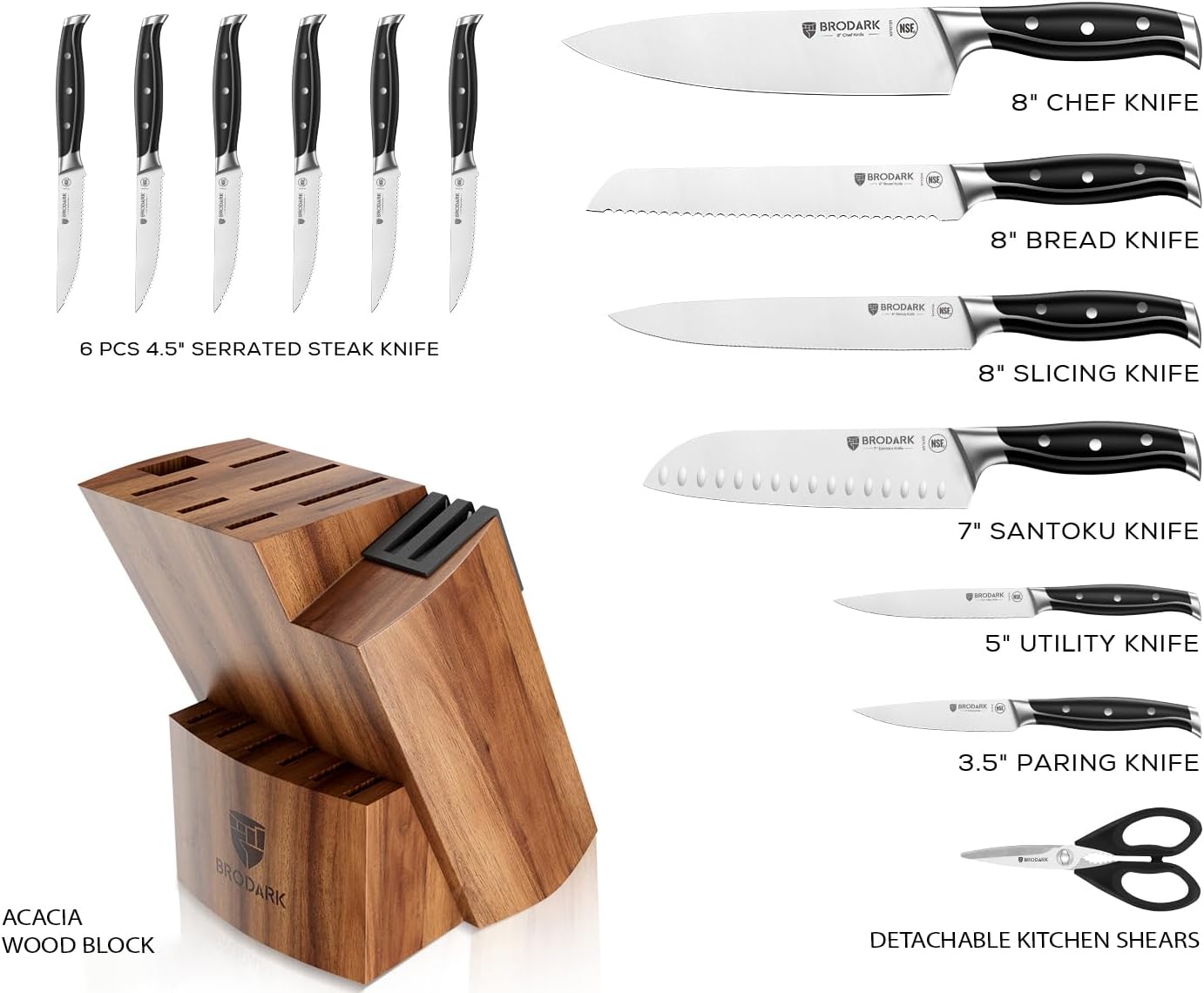 BRODARK Kitchen Knife Set: Full Tang 15 Pcs Professional Chef Knife Set with Sharpener, Razor-sharp Knives Set for Kitchen, German Stainless Steel Knife Block Set, Steel-king Series for Christmas Gift