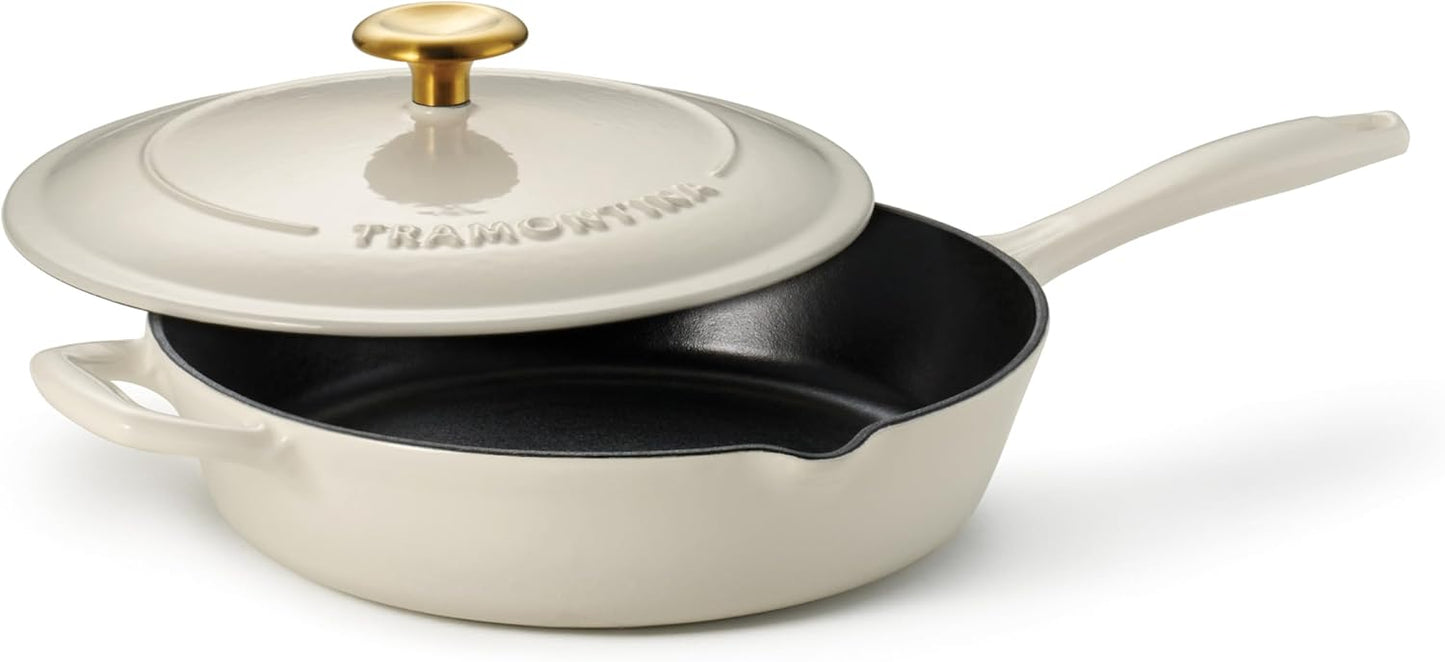 Tramontina Bestow Enameled Cast Iron Skillet with Lid, 10-inch Frying Pan, Latte with Gold Knob