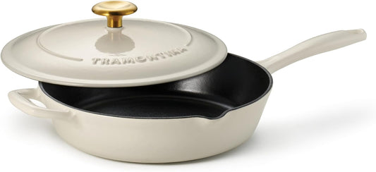 Tramontina Bestow Enameled Cast Iron Skillet with Lid, 10-inch Frying Pan, Latte with Gold Knob