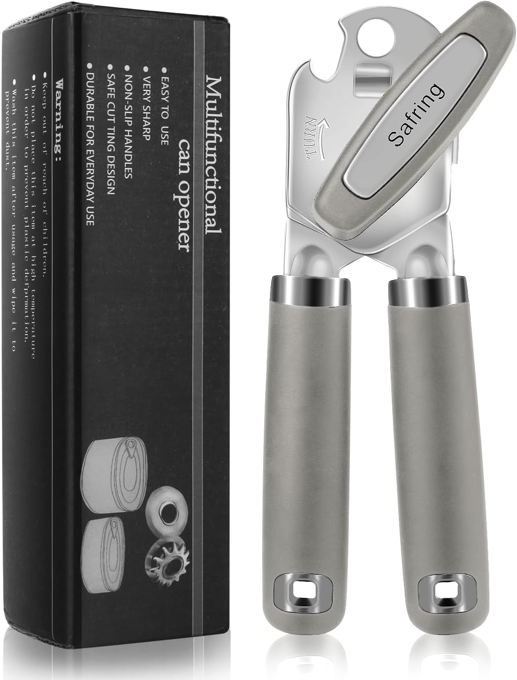 Can Opener Manual, Heavy Duty Handheld Strong Can Opener with Soft Touch Handle, Sharp Blade Smooth Edge, Can Openers with Multifunctional Bottle Opener, Gray