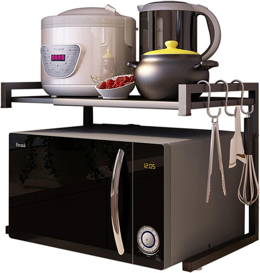 PUSDON Adjustable Carbon Steel Microwave Oven Rack, 2-Tier with 3 Hooks, 55lbs Weight Capacity, Black