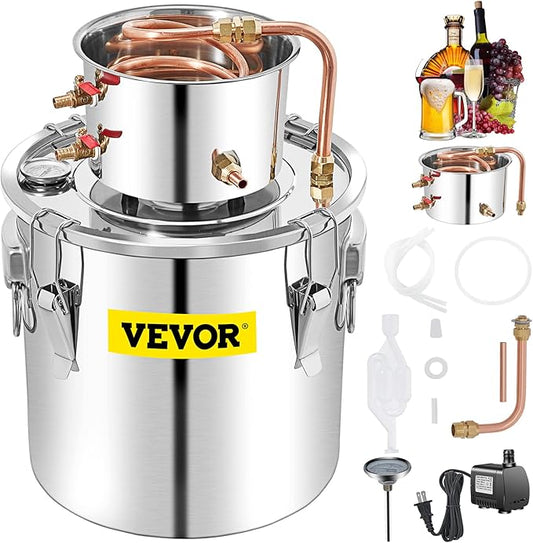 VEVOR Alcohol Still 13.2Gal/50L Alcohol Distiller Stainless Steel Distillery Kit for Alcohol With Copper Tube & Pump Home Brewing Kit Build-in Thermometer for DIY Whisky Wine Brandy
