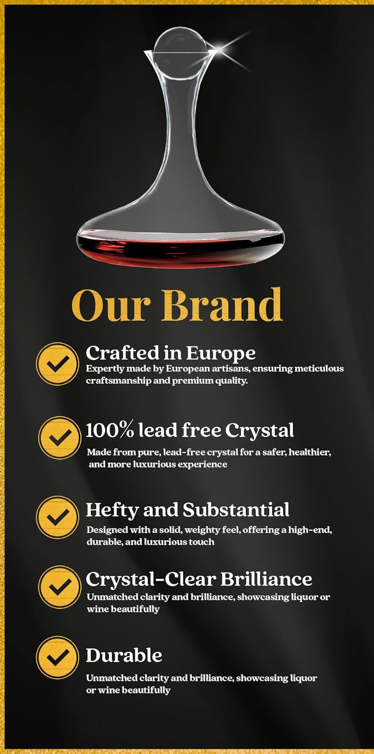 Large Wine Decanter | Hand-Crafted in Europe | 66 FL Oz | Crystal Ground Stopper | Wide Base for Optimal Aeration | 100% Lead-Free Crystal | Handblown | Gift-Boxed | Elegant Design