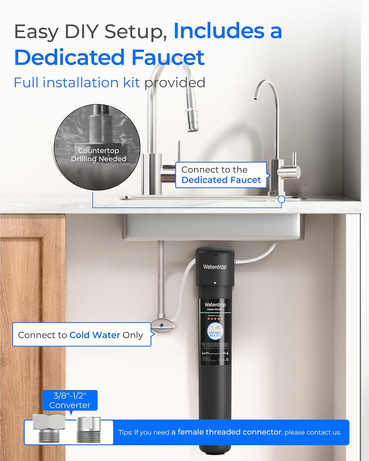 Waterdrop 17UB 3 Years Under Sink Water Filter, Under Sink Water Filtration System, NSF/ANSI 42 Certified, Reduces PFAS, PFOA/PFOS, Lead, Under Sink Water Filter with Faucet, 24K Gallons