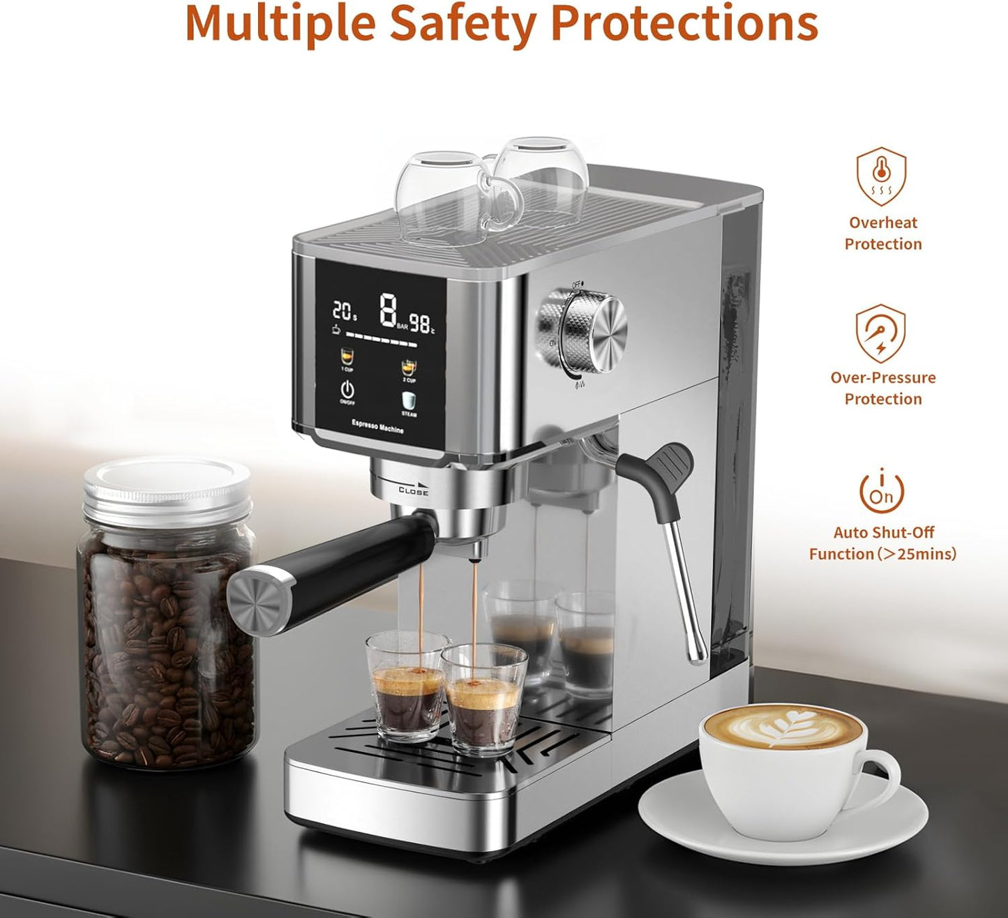 Kismile Espresso Machine, 20 Bar Compact Stainless Coffee Maker with 48oz Detachable Water Tank & Capsule Funnel, LED Display, Steam Milk Frother, Pre-Infusion for Mocha, Latte at Home or Office