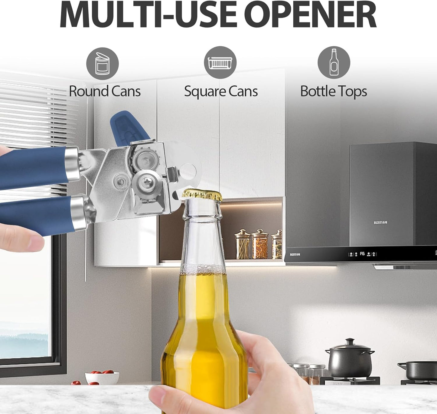 Can Opener Manual, Heavy Duty Handheld Strong Can Opener with Soft Touch Handle, Sharp Blade Smooth Edge, Can Openers with Multifunctional Bottle Opener, Blue