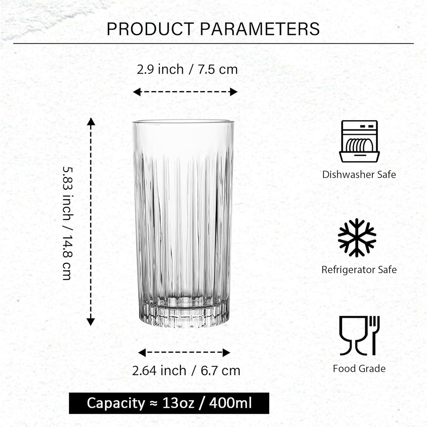 Highball Glasses Set of 6 - Drinking Glasses 13 Ounce - Collins Tall Beverage Cups Glassware for Water Drinks, Beer, Soda, Cocktail