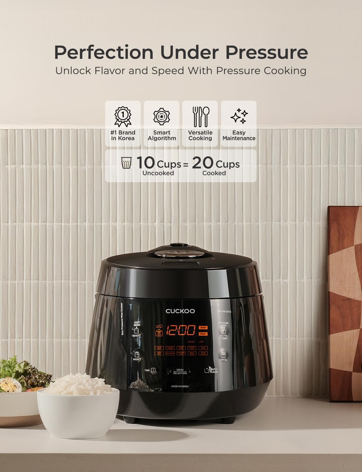 CUCKOO High Pressure Rice Cooker 10-Cup Uncooked / 20-Cup Cooked with Nonstick Inner Pot, Large Rice Maker with 13 Menu Options and Steam Plate, Fuzzy Logic Tech, Auto Clean, Black (CRP-PK1001S)