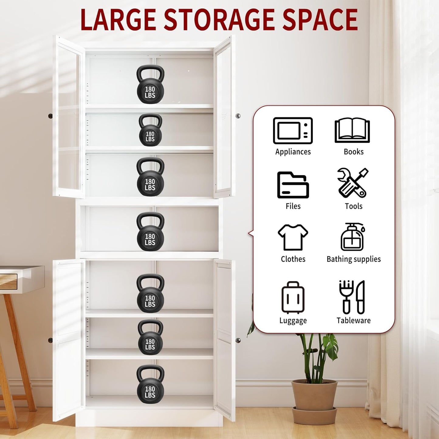 AQY Kitchen Pantry Cabinet,72" White Pantry Storage Cabinet with Adjustable Shelves and Glass Doors,Freestanding Cupboard,Metal Pantry Cabinets with Handle for Living Room Kitchen Assembly Required