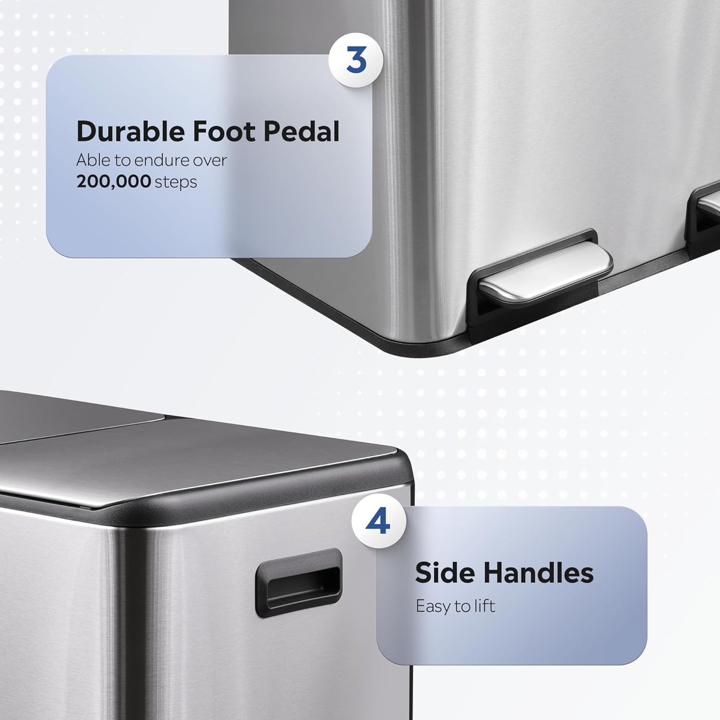 WLIVE 2 x 8 Gallon Dual Compartment Trash Can Stainless Steel, Pet-Proof Double Garbage Can Kitchen with Lid, Inner Buckets and Deodorizing Filter Box, Trash and Recycle Bin Combo, Silver