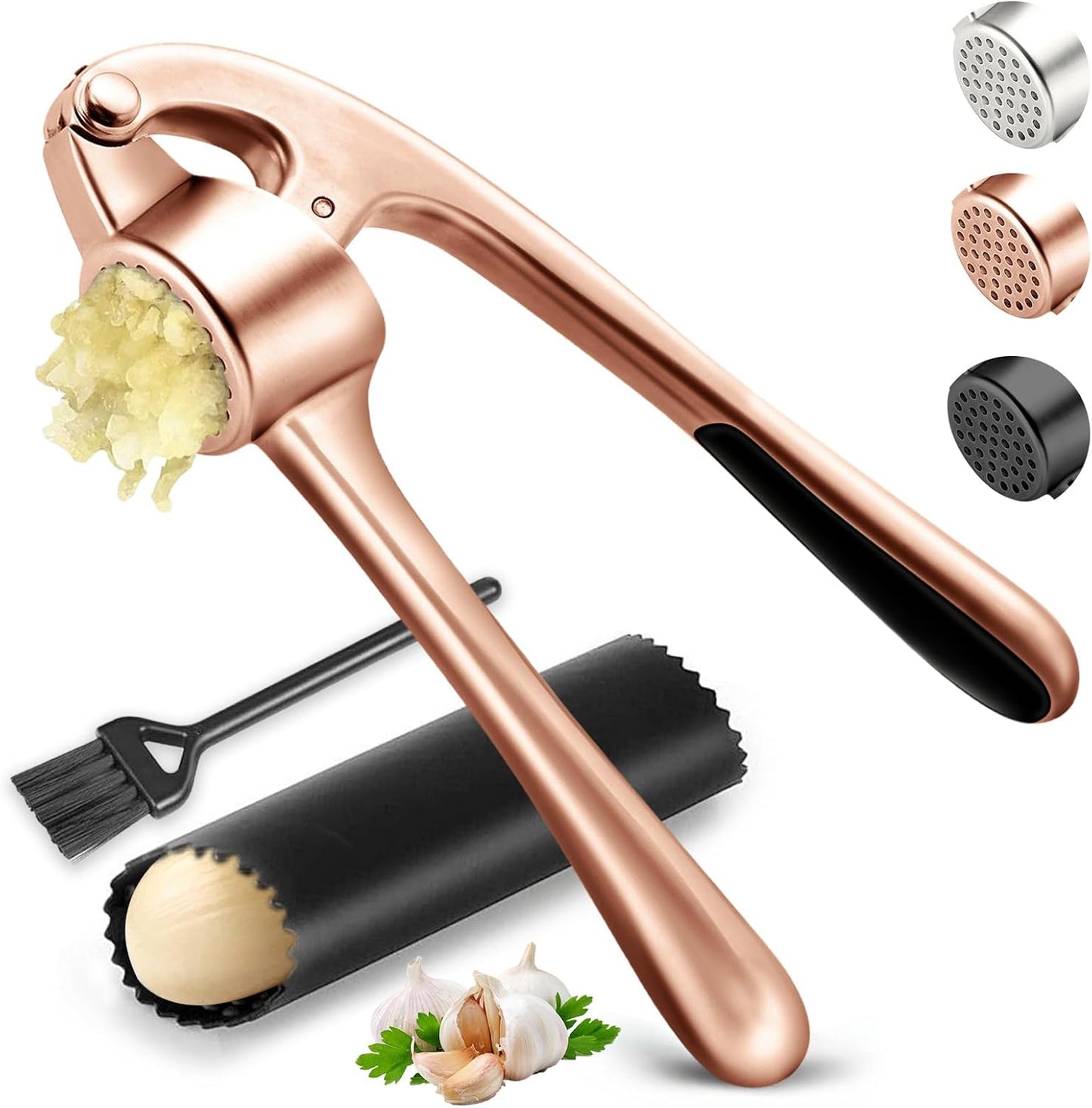 Kitchen Garlic Press, Rust Proof & Dishwasher Safe Garlic Mincer, Durable Garlic Crusher Set with Peeler＆Brush, Easy to Clean and Squeeze, Copper