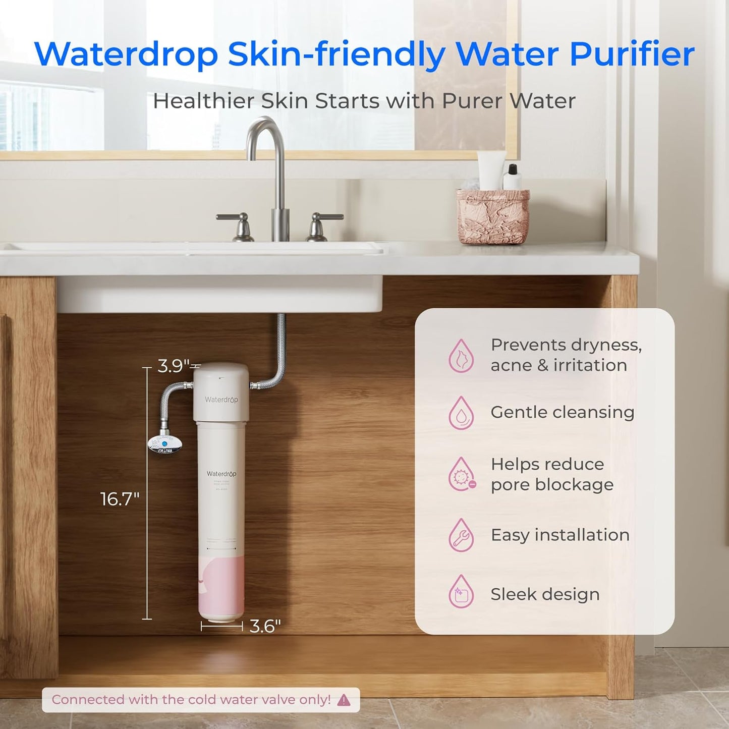 Waterdrop BFU1 Water Filter for Bathroom for Face Care, Soft Water, Strontium-enriched, Reduce 99.9% of Baçtёria in Bathroom Sink Faucet, Reduces Skin Redness and Irritation