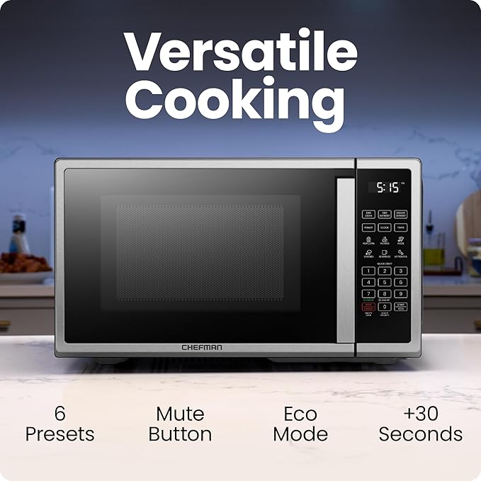 Chefman Countertop Microwave Oven 1.1 Cu. Ft. Digital Stainless Steel Microwave 1000 Watts with 6 Auto Menus, 10 Power Levels, Eco Mode, Memory, Mute Function, Child Safety Lock, Easy Clean