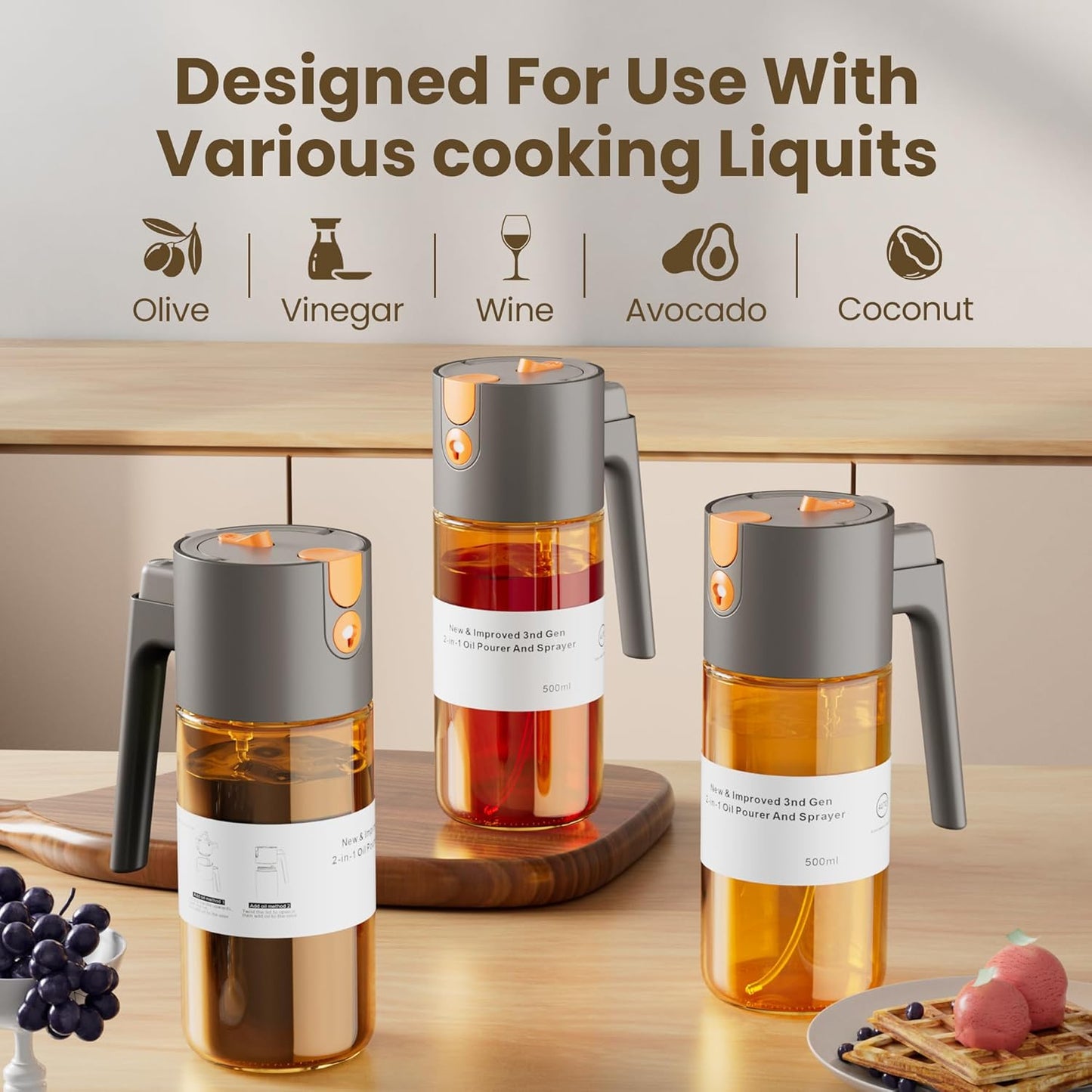 17oz/500ml Oil Sprayer for Cooking with Stickers, 2 in 1 Glass Olive Oil Mister for Kitchen, Light-Proof Spray Bottle Portion Control, Large Olive Oil Dispenser Bottle for Salad, Air Fryer, BBQ