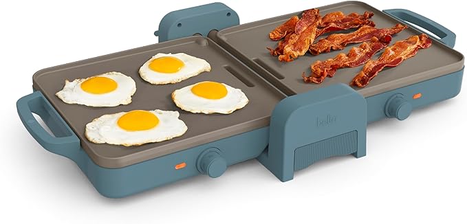 bella 10"x 20" Ceramic Fold-n-Store Dual Temp Griddle, Fits-anywhere™ Kitchenware, EverGood™ Ceramic Nonstick Coating, 2 Temperature Zones up to 400°F, Dishwasher Safe Drip Tray, 1500 Watt, Surf