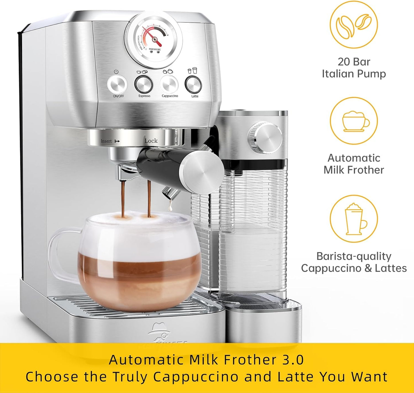 MAttinata CM1633 Cappuccino Machine 20 Bar, Professional Espresso Machines with Automatic Milk Frothering, Barista Compact Latte Maker for Home, with Pressure Gauge for Coffee Lovers, Stainless Steel