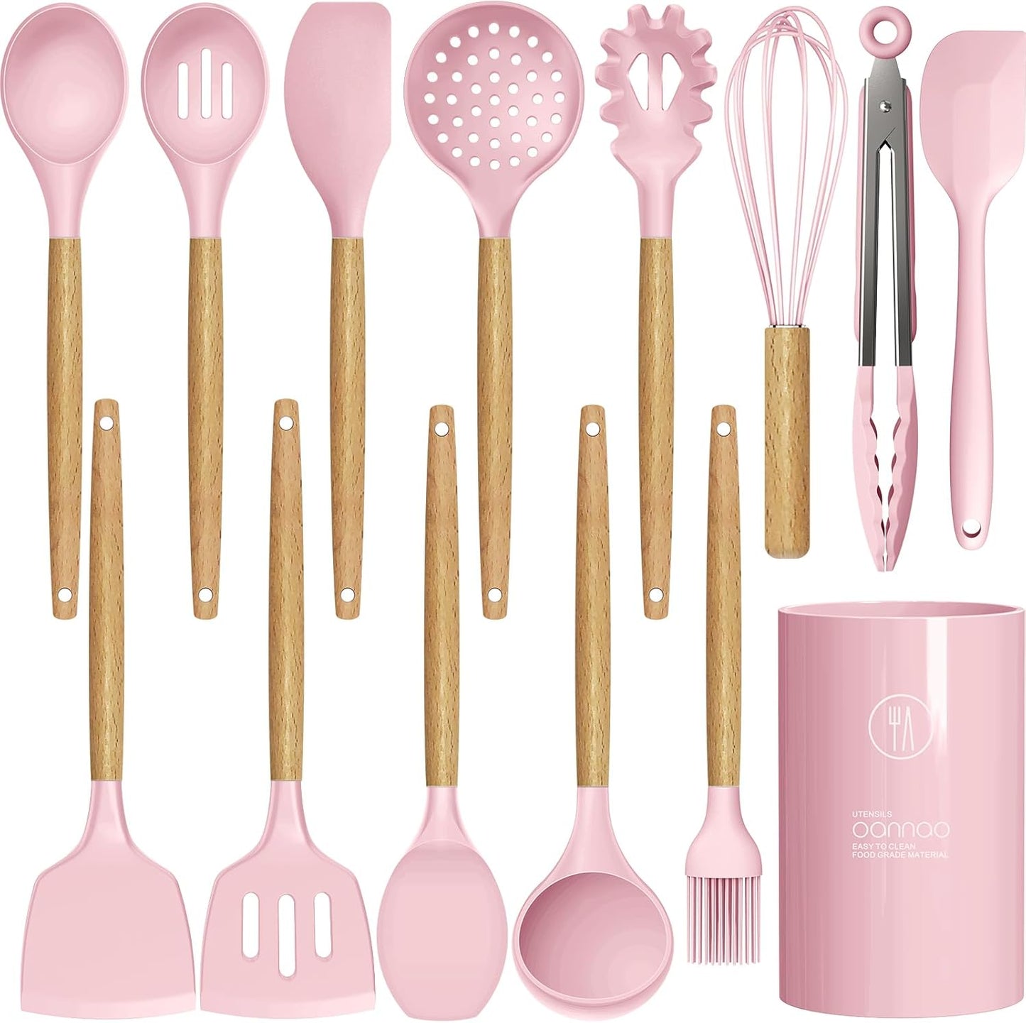 Silicone Kitchen Utensils Set - 446°F Heat Resistant Cooking Utensil Sets, Spatula,Turner,Tongs,Spoon,Brush,Whisk, Wooden Handle Silicone Kitchen Gadgets Tools for Non-Stick Cookware BPA Free (Pink)