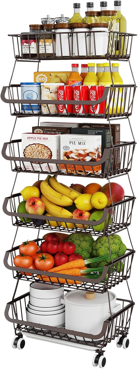 Miyawell Fruit Vegetable Storage Basket for Kitchen - 6 Tier Stackable Metal Wire Baskets Cart with Rolling Wheels Utility Fruits Rack Produce Snack Organizer Bins for Pantry Bathroom Laundry Bronze