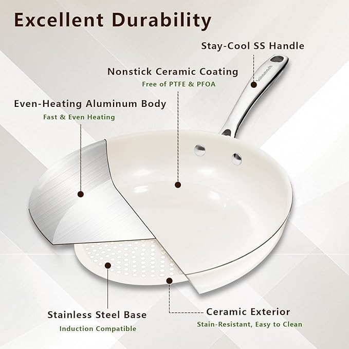 9.5" Ceramic Frying Pan Nonstick, Skillet, Cooking Pan Non Toxic with Stay Cool Handle for Induction, Chef's Pan, PTFE & PFAS & PFOA Free, Dishwasher/Oven Safe, White