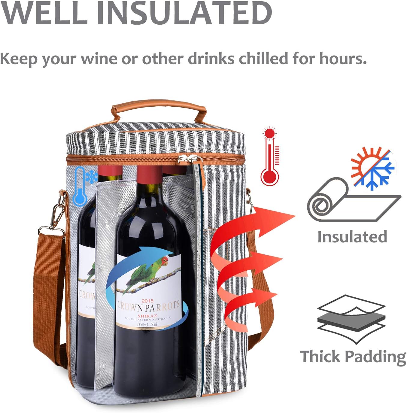 Tirrinia 4 Bottle Wine Gift carrier - Insulated & Padded Portable Versatile Wine Carrying Cooler Tote Bag for Travel, BYOB Restaurant, Wine Tasting, Party, Great Gift for Wine Lover, Black Stripe
