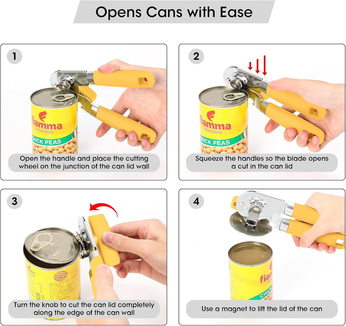 Beneno Heavy Duty Hand Can Opener Manual with Magnet, Durable Sharp Carbon Steel Blade Smooth Cutting, Big Effort-Saving Knob, Soft Grip Handle, Multifunctional Kitchen Tool with Bottle Opener, Yellow