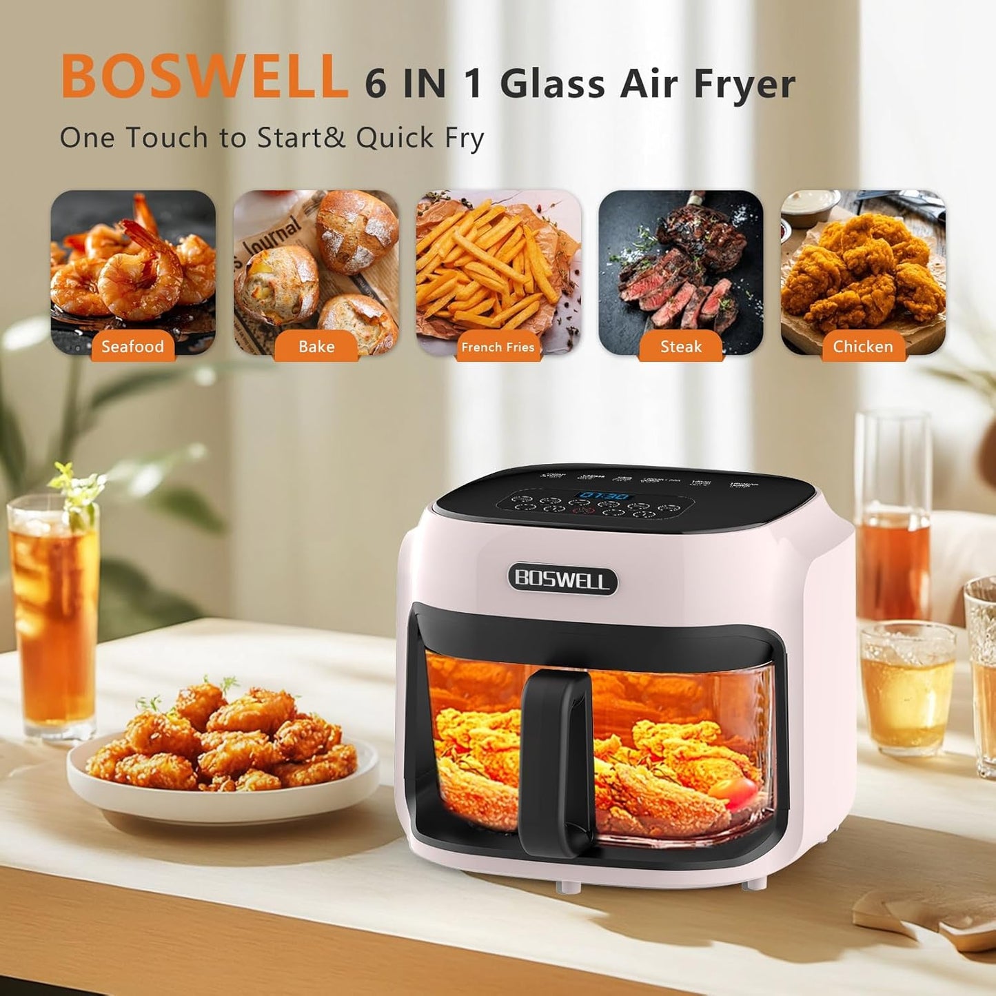 BOSWELL Glass Air Fryer, 7.5 QT with Transparent Fry Bowl, Circulating Heating, Temperature Control, Stainless Steel Air Fryer Roast, Dishwasher Safe (Pink)