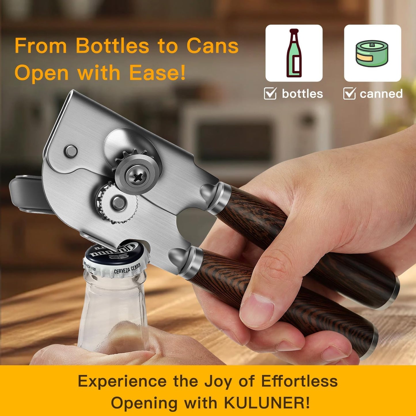 Upgraded Efficient Manual Can Opener - Selected Solid Wood Handle, Sharp and Smooth Blade Edge, Portable Design, Easy-Open Large Knob, Versatile for Various Bottle Caps(Wenge)