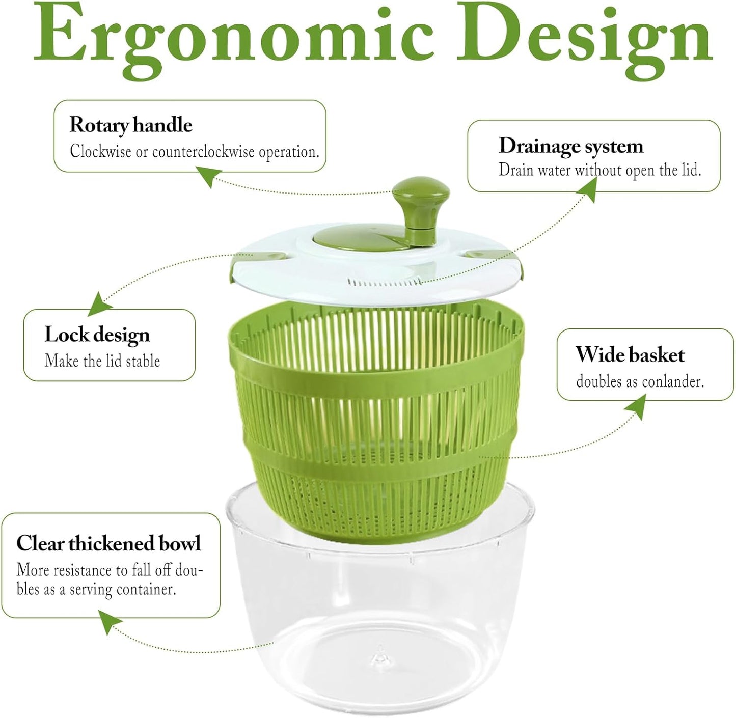 Large Salad Spinner with Lid, 5 Qt Capacity, Manual Vegetable Dryer with Double-Lock Handle, Quick and Easy Multi-Use Lettuce Spinner, Vegetable Dryer, Fruit Washer