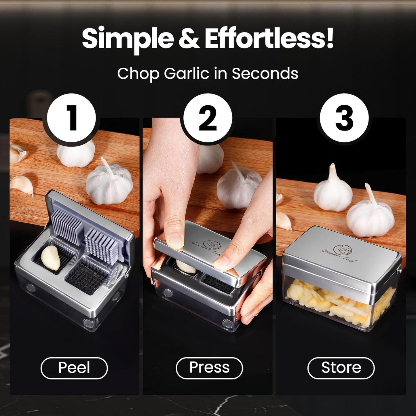 Garlic Press Stainless Steel, Garlic Chopper Mini & Slicer Super Thin 2 in 1, Odor Free Ginger Dicer with Storage Container, Dishwasher Safe Mini Chopper, Premium Mincer with 5 Year Warranty