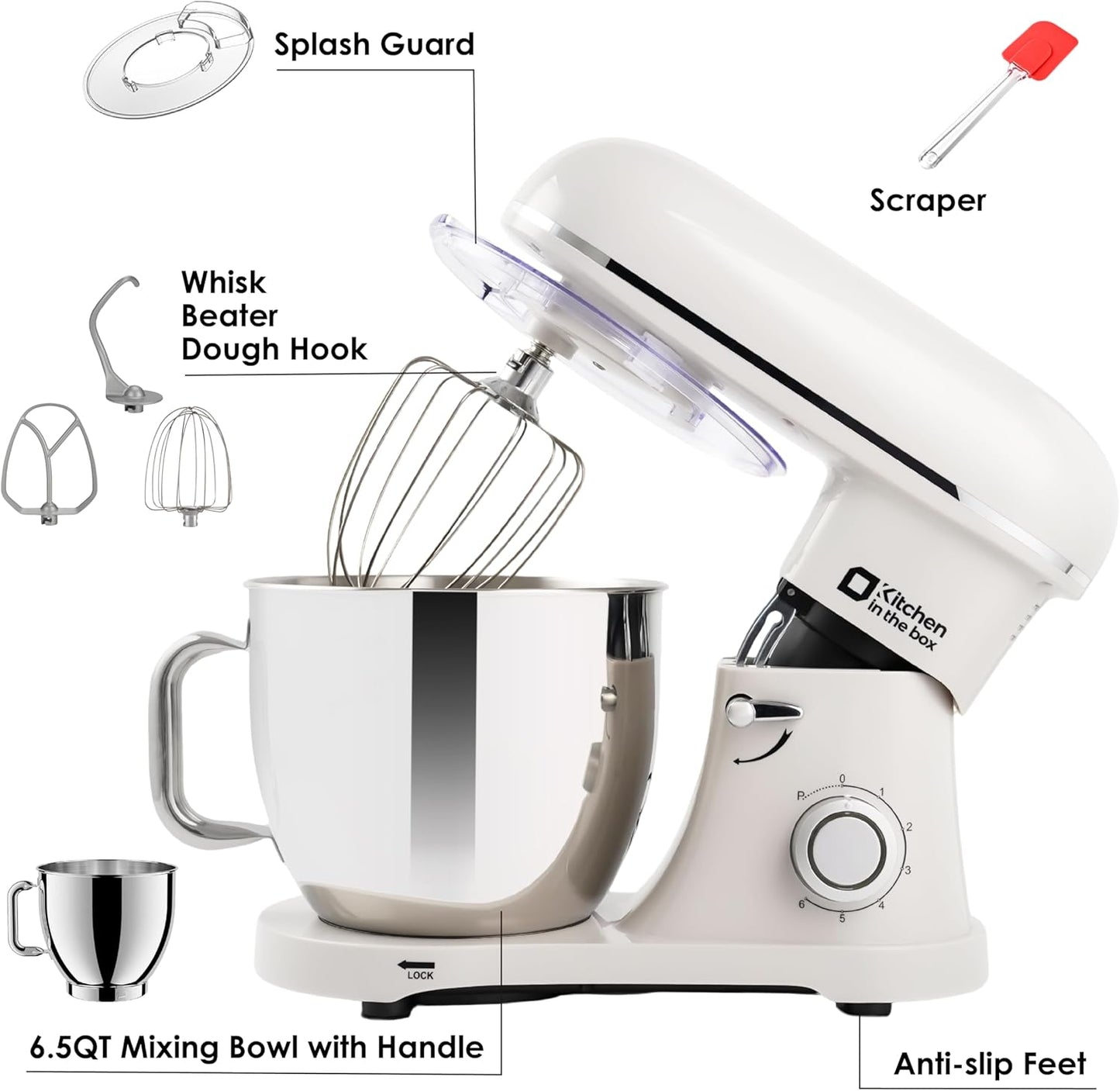 Kitchen in the box Stand Mixer - 900 Watt Heavy Dough Standing Mixers with 6.5 Quart Mixing Bowl, Tilt-head, Dough Hook, Whisk, Flat Beater and Splash Guard (White)
