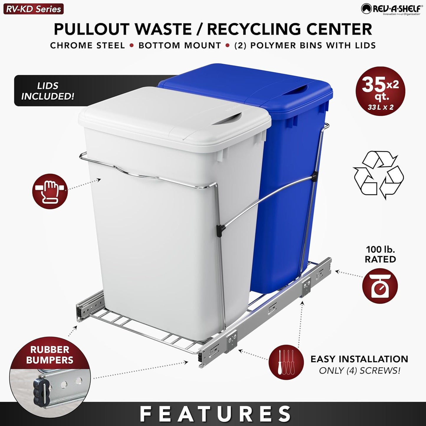 Rev-A-Shelf RV-18KD-11RC-S Double Pullout Trash Can for Kitchen Cabinets 35 Qt Garbage Recycling Bin on Full Extension Slide, Blue/White