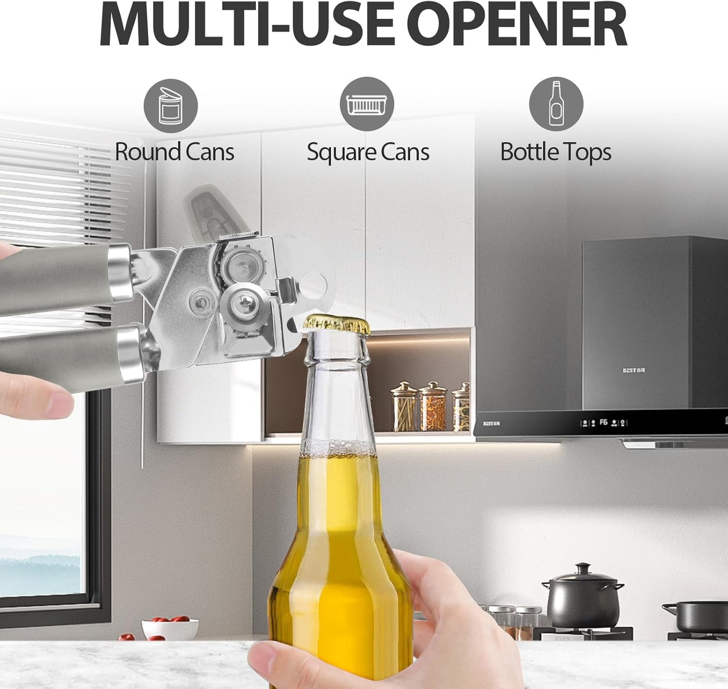 Can Opener Manual, Heavy Duty Handheld Strong Can Opener with Soft Touch Handle, Sharp Blade Smooth Edge, Can Openers with Multifunctional Bottle Opener, Gray