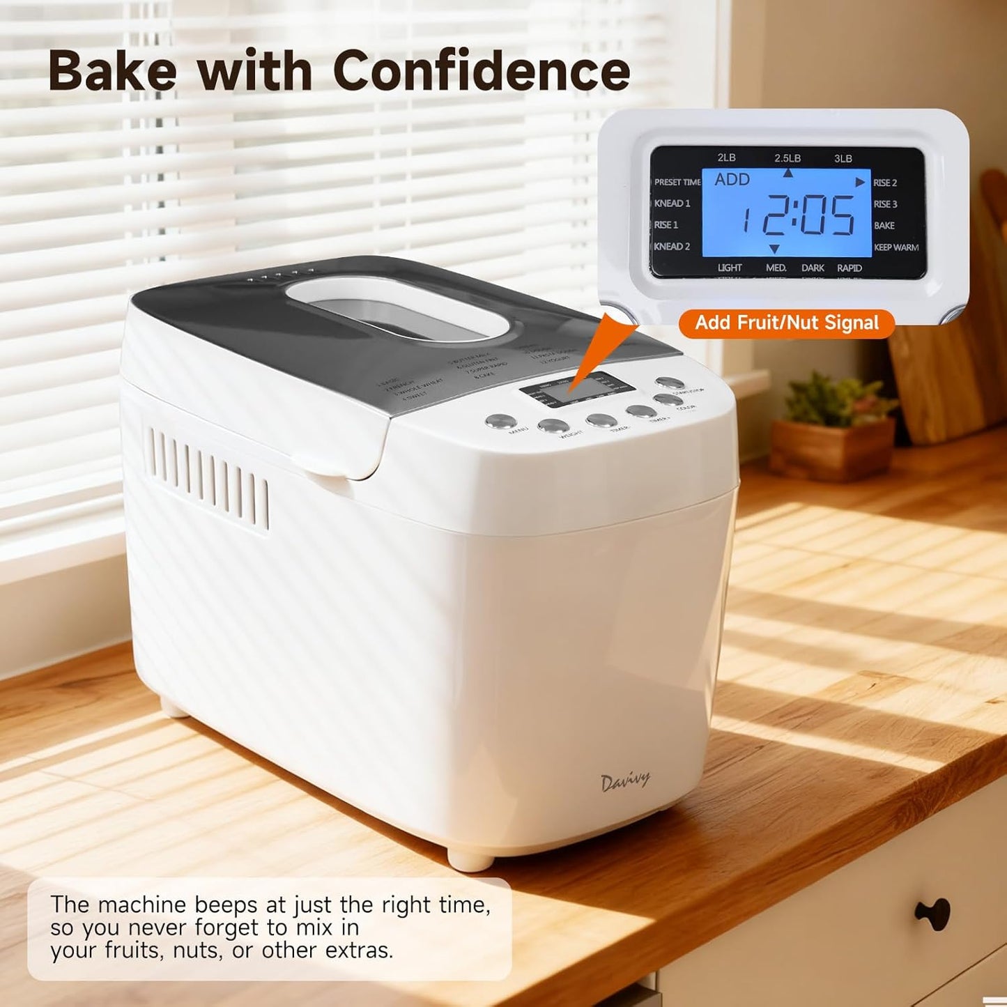Davivy Bread Maker 1.5kg Dough Maker, 15-in-1 Automatic Bread Maker with Nonstick Bowls, Jam and Yogurt, 3 Bread Sizes and 3 Shell Settings, 15-H Delay Timer (850W, Silver, 1.5 kg)