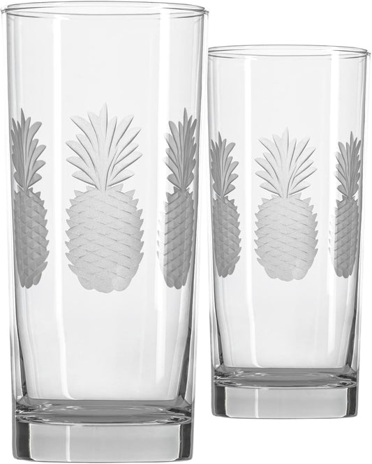 Rolf Glass Fresh Pineapple Highball Glass | 15oz Cooler Glasses | Lead-Free and Diamond-Wheel Engraved | Heavy Base, Thick Glass | Made in the USA | Tropical Etched Pineapple | Set of 2