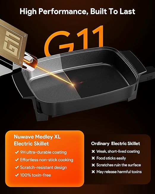 Nuwave Medley XL Digital Electric Skillet, Family Size Griddle w/Glass Lid, 2025 New & Improved Precision Heating, 100°-425°F, PFAS Free G11 Nonstick Ceramic Coating, Portable Hot Plate, 7qt Capacity