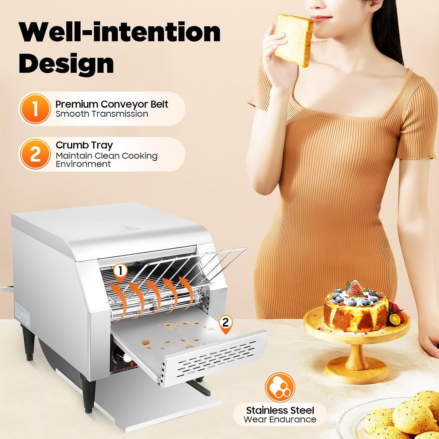 Commercial Conveyor Toaster 300 Slices/Hour 2200W Heavy Duty Stainless Steel Industrial Conveyor Toaster Electric Oven with Dual Heating & 7-Speed Adjustment