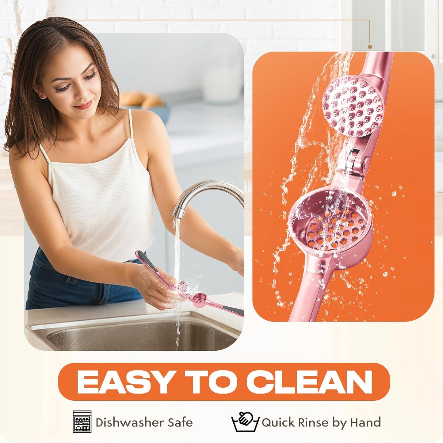 Kitchen Garlic Press, Rust Proof & Dishwasher Safe Garlic Mincer, Durable Garlic Crusher Set with Peeler＆Brush, Easy to Clean and Squeeze, Rose