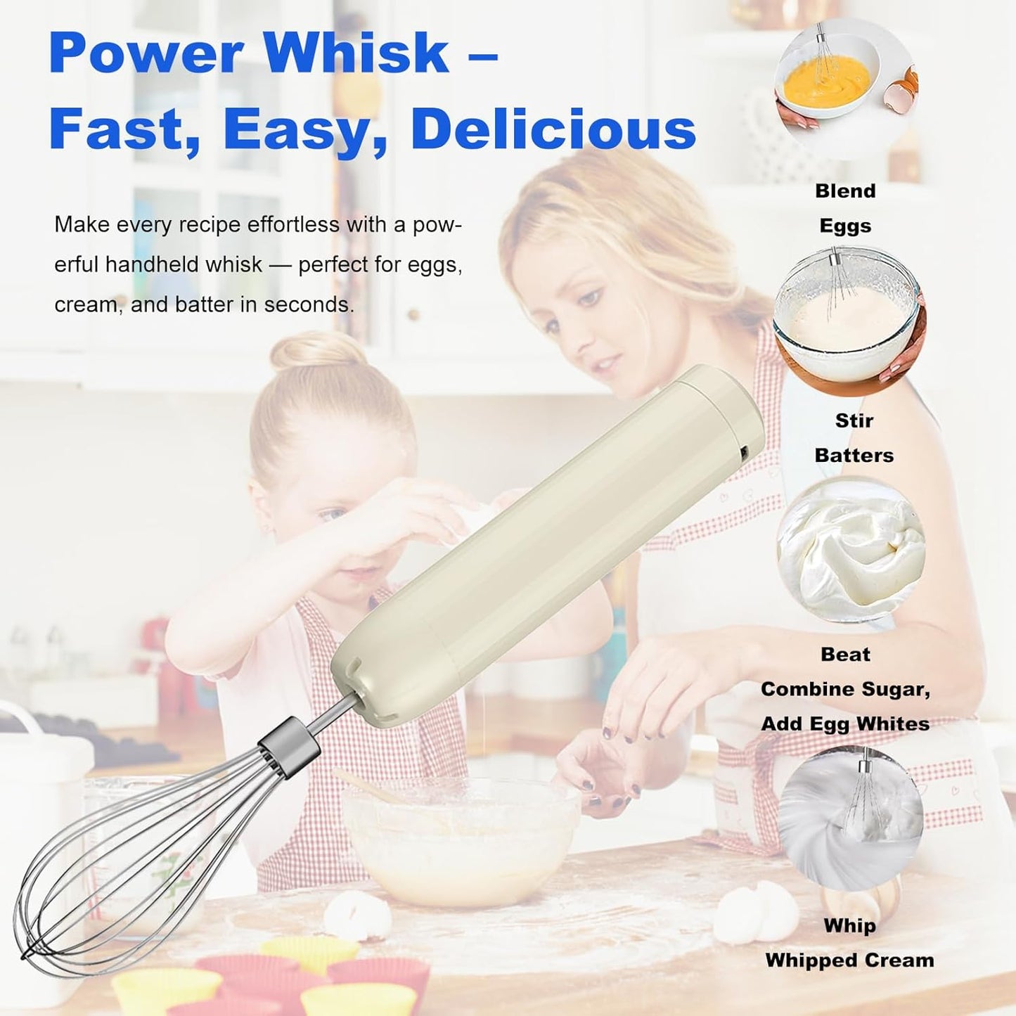 Cordless Hand Mixer MixgoII, Handheld Mixer Electric Whisk & Milk Frother, Hand Held Mini Mixers, Rechargeable Hand Mixer and Whisker, Food Processor for Cooking, Food Chopper, 4-Speed, 10Oz
