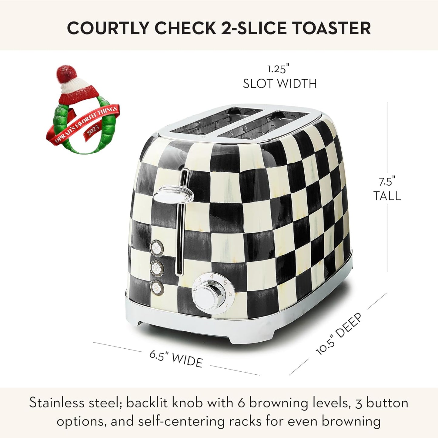 MACKENZIE-CHILDS 2-Slice Toaster, Decorative Toaster for Kitchen, Black-and-White Courtly Check